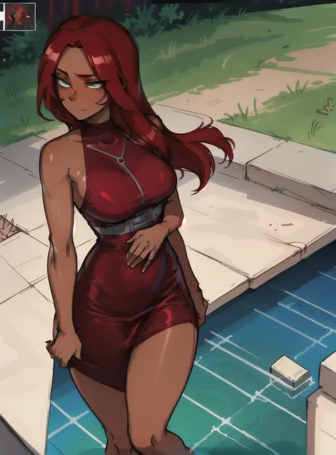 ratatatat74, 1girl, ((anime screencap)), red_hair, long_hair, bare_shoulders, closed_mouth, dark-skinned_female, ((dark_skin)), looking_at_viewer, green_eyes, solo, whole_body, red_hair, small breast, bright red dress,
elegant, seductive (((masterpiece))), ((best quality)), (extremely detailed), watercolor, illustration, depth of field, sketch, hdr, colorful, good composition, perfect lighting, <lora:ratatatat74-000070:0.6>