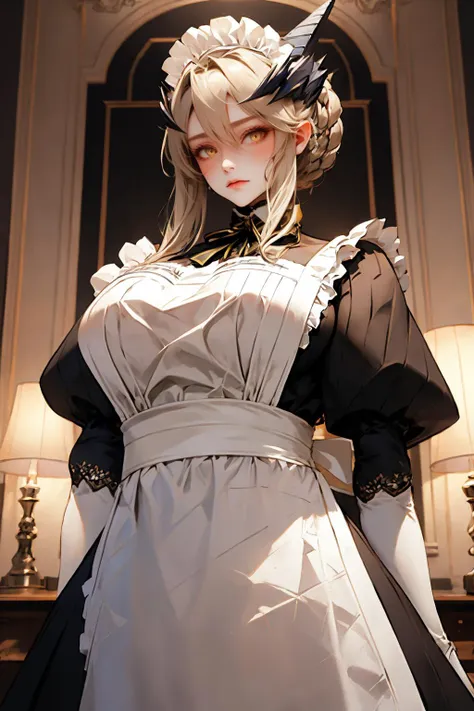 masterpiece, best quality, Mature female, <lora:lanceralter-nvwls-v1-final:.95> lancerAlter, yellow eyes, dress, puffy sleeves, underboob, maid apron, maid headdress, boudoir