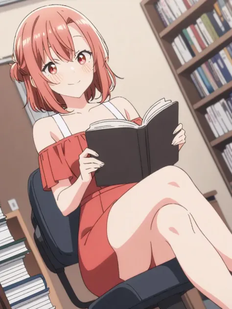 1girl, kino_himari, best quality, masterpiece, solo, blush, dress, bare shoulders, crossed legs, sitting, looking at viewer, smile, reading, book stack, library, desk, office chair, indoor, dutch angle, school, , <lora:kino_himari_v1-000012:0.8>