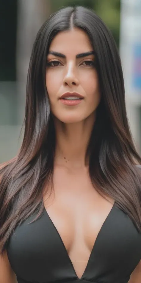 aridugarte wearing a black dress, standing, full body shot, looking at viewer, in a street, intricate high detail, (vibrant, photo realistic, realistic, sharp focus) ((film grain, skin details, high detailed skin texture, 8k hdr, dslr)), 8k uhd <lora:aridugarteV3:1>
