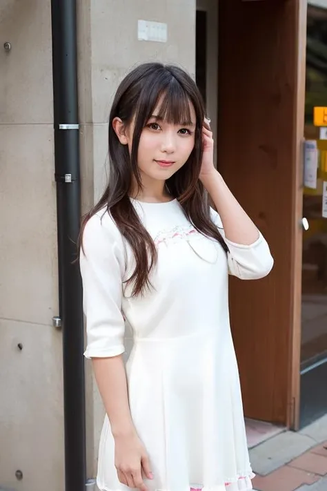1girl, (wearing a cotton dress:1.4),(RAW photo, best quality), (realistic, photo-realistic:1.4), masterpiece, an extremely delicate and beautiful, extremely detailed, 2k wallpaper, Amazing, finely detail, extremely detailed CG unity 8k wallpaper, ultra-detailed, highres, soft light, beautiful detailed girl, extremely detailed eyes and face, beautiful detailed nose, beautiful detailed eyes,cinematic lighting,(in the city:2.0),perfect anatomy,slender body,smiling,(close up:1.2),(look at viewer),(front view:2.0)mcinematic angle,(wavy hair), <lora:nittahiyori_lora-02:0.8>