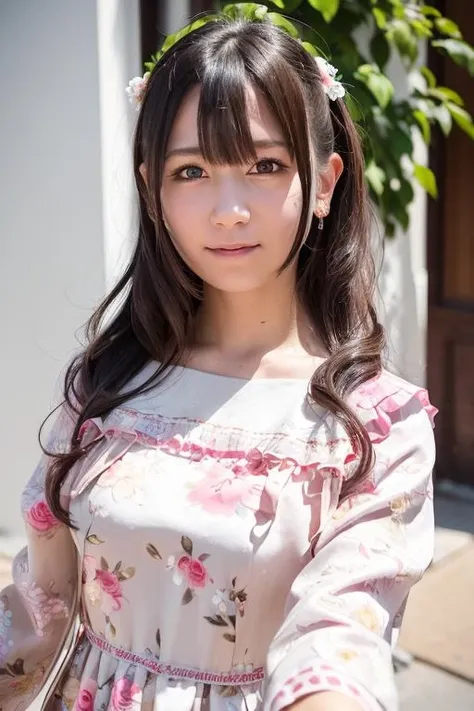 1girl, (wearing a floral dress:1.4),(RAW photo, best quality), (realistic, photo-realistic:1.4), masterpiece, an extremely delicate and beautiful, extremely detailed, 2k wallpaper, Amazing, finely detail, extremely detailed CG unity 8k wallpaper, ultra-detailed, highres, soft light, beautiful detailed girl, extremely detailed eyes and face, beautiful detailed nose, beautiful detailed eyes,cinematic lighting,(in the city:2.0),perfect anatomy,slender body,smiling,(close up:1.2),(look at viewer),(front view:2.0)mcinematic angle,(wavy hair), <lora:nittahiyori_lora-02:0.8>