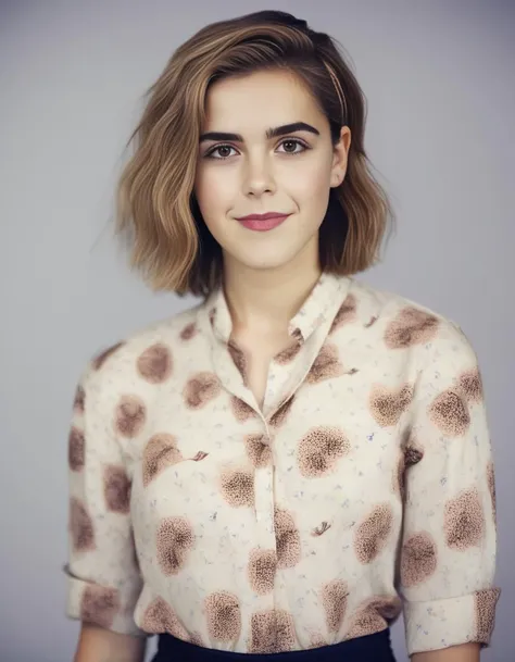KiernanShipka,<lora:KiernanShipkaSDXL:1>,A waist-up portrait of a young beautiful brunette girl, lip-gloss, (freckles:0.5) skin, asymmetrical cut hair style, "slim with curves", (breasts:0.8), (batik:1.55) shirt