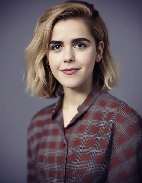 KiernanShipka,<lora:KiernanShipkaSDXL:1>,A waist up portrait of a young beautiful (Scottish | French | Spanish | Pakistani ) girl, soft natural skin, long layered bob hair style, slim with curves,  tartan shirt,  highly details, soft lighting.