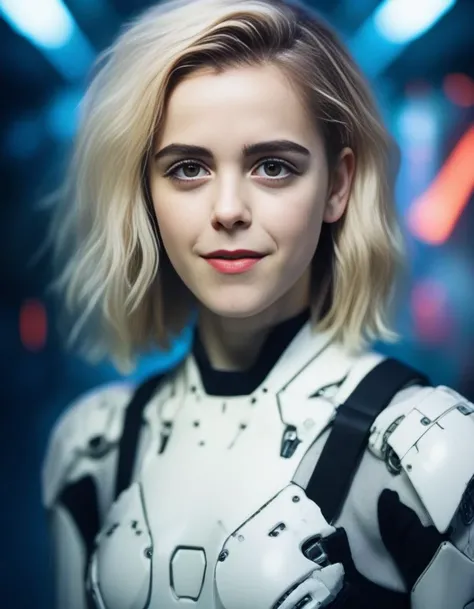 KiernanShipka,<lora:KiernanShipkaSDXL:1>,(photo of a gorgeous woman), (professional photography), (cyberpunk background), ((as a sexy cyborg girl)), detailed face, (medium body portrait), (white hair), masterpiece, best quality, (eye contact), (looking at the viewer), centred, (shot from front), ((cinematic lighting)), blurred_background, proportional,