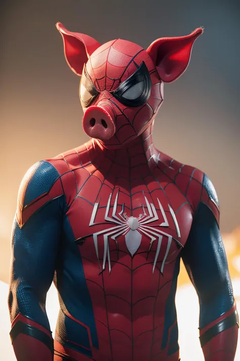highres, 8k, absurdres, realistic,  
(Spider_Pig:1.3), 1boy, male focus, solo, bodysuit, silk, gloves, spider web, spider web print, red bodysuit, mask, upper body, superhero, animal ears
<lora:Spider_Pig-000008:0.5>