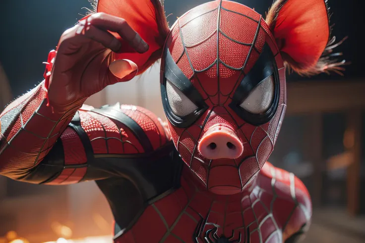 highres, 8k, absurdres, realistic,
(Spider_Pig:1.3), 1boy, male focus, solo, bodysuit, silk, gloves, spider web, spider web print, red bodysuit, mask, upper body, superhero, animal ears
<lora:Spider_Pig-000008:0.5>