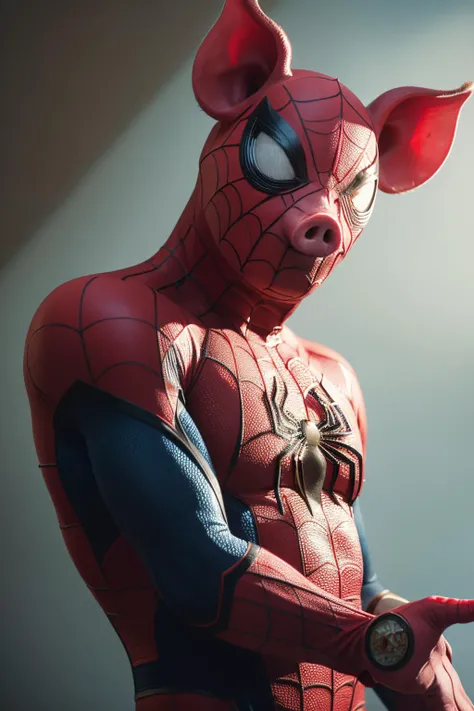 highres, 8k, absurdres, realistic,
(Spider_Pig:1.3), 1boy, male focus, solo, bodysuit, silk, gloves, spider web, spider web print, red bodysuit, mask, upper body, superhero, animal ears
<lora:Spider_Pig-000008:0.5>