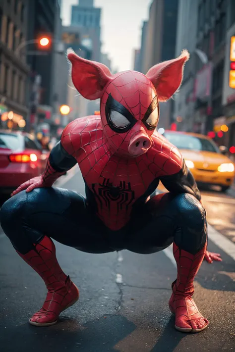 highres, 8k, absurdres, realistic, new york, city, cars, motion, in motion,
(Spider_Pig:1.3), 1boy, solo, male focus, spider web print, superhero, squatting, bodysuit, silk, blurry, blurry background, spider web, mask, animal ears, looking at viewer, outdoors
<lora:Spider_Pig-000008:0.5>