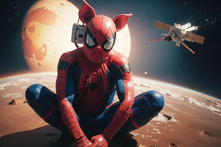 highres, 8k, absurdres, realistic, space, outer_space, mars, astronaut, space helmet, sitting next to spaceship, sitting, spacecraft,
(Spider_Pig:1.3), 1boy, solo, male focus, spider web print, superhero, bodysuit, silk, mask, looking at viewer, animal_ears,
<lora:Spider_Pig-000008:0.5>