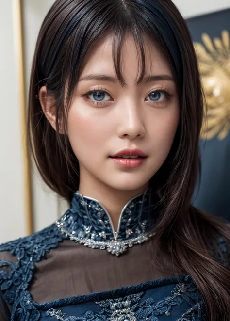 (best quality, masterpiece, intricate details:1.2),(looking at viewer:1.3),(profile:1.2),(portrait:1.2),(a japanese woman:0.6),28 years old,smirk,white_skin,(beautiful face:1.2),glamorous,(curvy:0.7),(muscular:0.9),(shiny skin:1.1),sparkling eyes,blue eyes,BREAK (dark blue china dress:1.4),piercing,BREAK luxurious space,<lora:AsianEyesEra:1>,