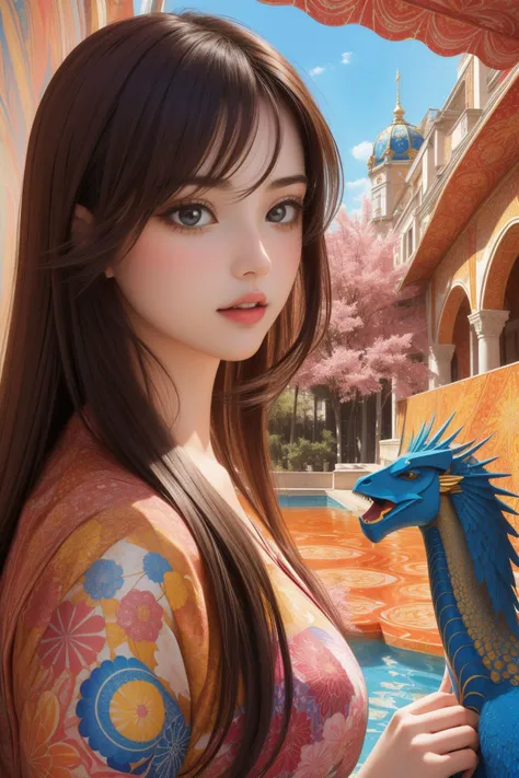 1girl, artistic azulejo texture of a masterpiece, ("The story of Bellerophon and the Chimera":1.3) , it is very Bright and Spiritual, hyper detailed, plain triadic colors background, crowded pond and jungle, Summer, Wide view, (portrait art stylized by Alfred Eisenstaedt:1.1) , (George Lucas:1.0) , (Harry Sternberg:1.3) , (Carlos Schwabe:1.0) , Screen print, Fearful, 60s Kitsch and Psychedelia, Light caustics, F/1.8, four colors, Elegant, Burgundy and Blush, extremely hyper aesthetic, 64K