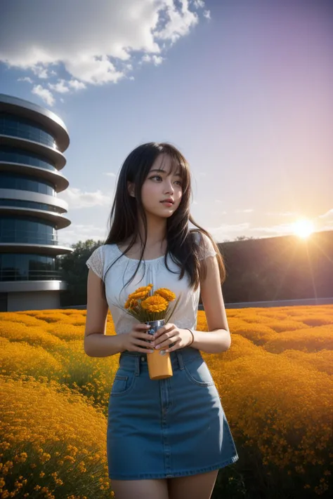 1girl, awardwinning Unreal Engine, warm flowers with Marigold, award winning, High exposure of a Welcoming Controversial ("The fragrance of adventure lingers in the air, beckoning us to embrace the unknown and embrace our wild spirit.":1.3) , plain Oversized background, at Sunset, in focus, (art by Scott Weaver:1.1) , (Wu Guanzhong:0.7) , Ultra Real, Proud, Vaporwave, spotlight, pinhole lens, One Color, glimmering transformation, full of electric orange, trending on CGSociety, octane engine, feminine, amateurish, common
