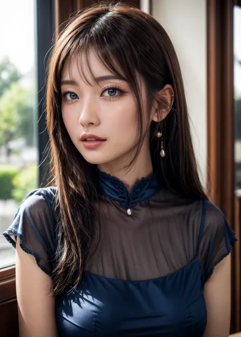 (best quality, masterpiece, intricate details:1.2),(looking at viewer:1.2),(profile:1.2),(portrait:1.2),(a japanese woman:0.6),28 years old,smirk,white_skin,(beautiful face:1.2),glamorous,(curvy:0.7),(muscular:0.9),(shiny skin:1.1),sparkling eyes,blue eyes,BREAK (dark blue china dress:1.4),piercing,BREAK luxurious space,<lora:AsianEyesEra:1>,