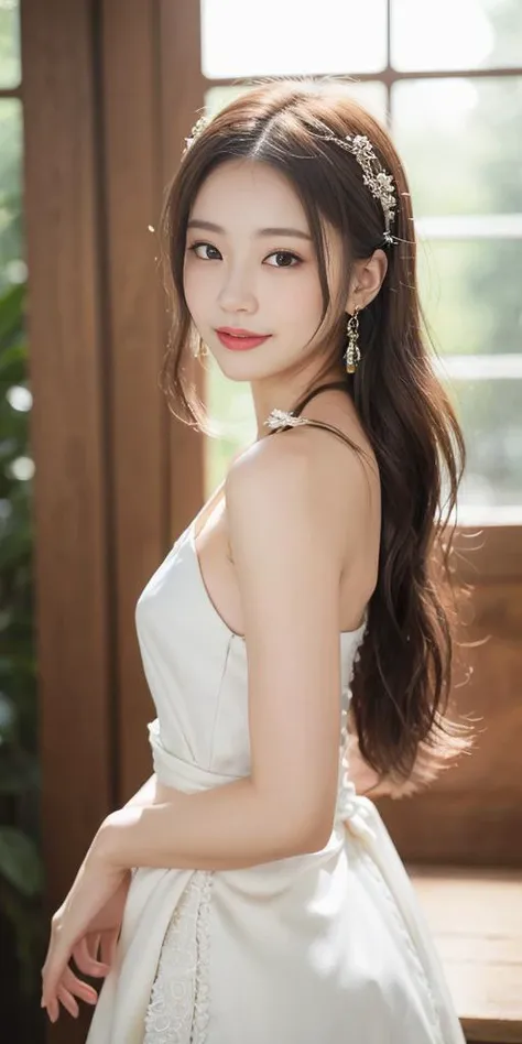 (looking at viewer,close in viewer:1.6),cleavage,small breasts,(beauty hair,ostentatious hair accessories,gorgeous hair accessories,light smile:1.15),1girl,light smile,happy,((((upper body,real face photo,indoor background,has window,background blur)))),big eyes,analog style,physically-based rendering,ultra-detailed,professional lighting, photon mapping,(outdoor,bokeh),(RAW photo, best quality, masterpiece:1.3), (realistic, photo-realistic:1.3),detailed facial features,slim girl,tassel, innocent, bangs,(pureerosface_v1:0.55) ,(ulzzang-6500-v1.1:0.75),(flower_style:0.05),<lora:bridal_hairstyle-10:0.1>,(bridal hairstyle:1.15),ear ring,hair bow,hair ring,bare shoulders, bare abdomen,cosplay style,(deep-V style hanfu with miniskirt:1.25),silk style,slim waist,a littie naked,narrow miniskirt,<lora:hanfu_v29:0.1>,<lora:hanfu_v28:0.12>,<lora:hanfu_v30:0.1>,<lora:hanfuMing30:0.1>,more colorful clothes,(front view,look at viewer,real face photo:1.5),naked body with hanfu,more naked style,