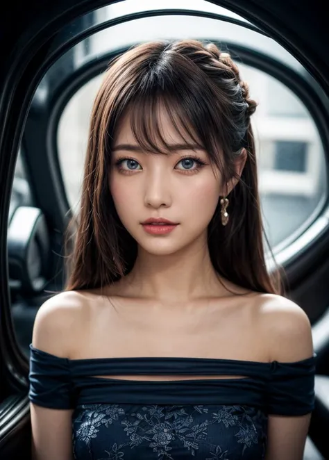 (best quality, masterpiece, intricate details:1.2),(looking at viewer:1.3),(profile:1.2),(portrait:1.2),(a japanese woman:0.6),28 years old,face,smirk,white_skin,(beautiful face:1.2),glamorous,(curvy:0.7),(muscular:0.9),half updo,(shiny skin:1.1),sparkling eyes,blue eyes,BREAK (dark blue dress:1.4),canonicals,piercing,BREAK luxurious space,<lora:AsianEyesEra:1>,