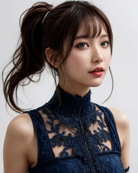 (best quality, masterpiece, intricate details:1.2),(looking at viewer:1.3),cowboy_shot,(a japanese woman:0.6),makeup,28 years old,smirk,white_skin,(beautiful face:1.2),(glamorous:1.2),tall,breasts,(curvy:0.8),(muscular:0.9),half updo,(shiny skin:1.1),sparkling eyes,blue eyes,BREAK (dark blue dress:1.2),latex,strapless_dress,impossible_dress,sleeveless,china_dress,piercing,<lora:AsianEyesEra:1>,BREAK (background with blue ink art is drawn on a white background:1.2),