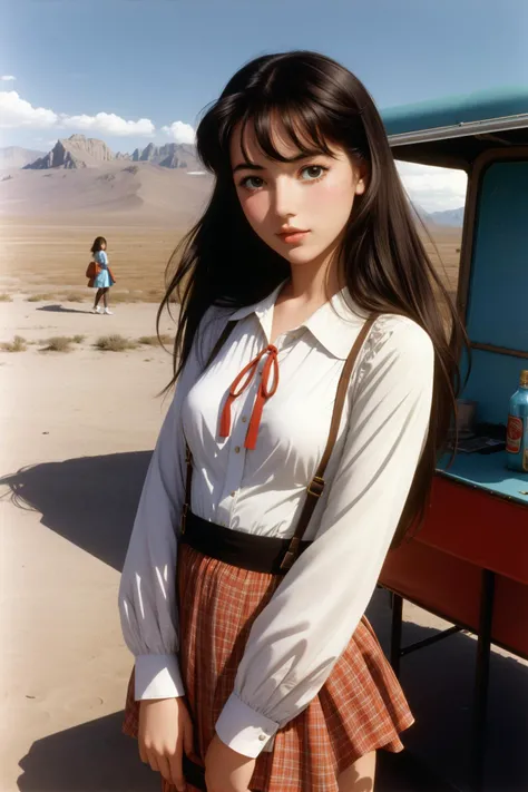 1girl, Burt Glinn, 70s Science Fiction, Stanley Kubrick, Abstract Illusionism, Concept art, James Paick, Boho, Autochrome, Neo-Primitivism Refreshing ([Kyrgyzstan|The Sierra Nevada]:1.2) in the distance there is a food stand, Rupert Bunny, Conceptual Art, Michael Borremans, Princecore, James Bullough, Toyism Art
