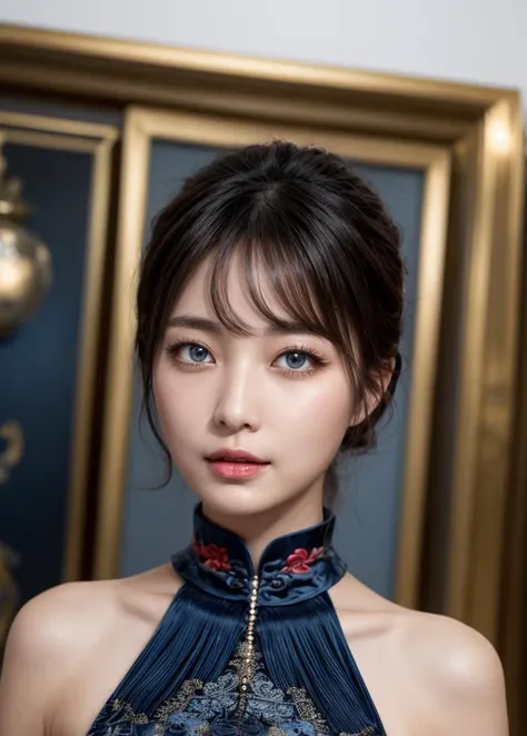 (best quality, masterpiece, intricate details:1.2),(looking at viewer:1.3),(profile:1.2),(portrait:1.2),(a japanese woman:0.6),28 years old,smirk,white_skin,(beautiful face:1.2),glamorous,(curvy:0.7),(muscular:0.9),(shiny skin:1.1),sparkling eyes,blue eyes,BREAK (dark blue china dress:1.4),piercing,BREAK luxurious space,<lora:AsianEyesEra:1>,