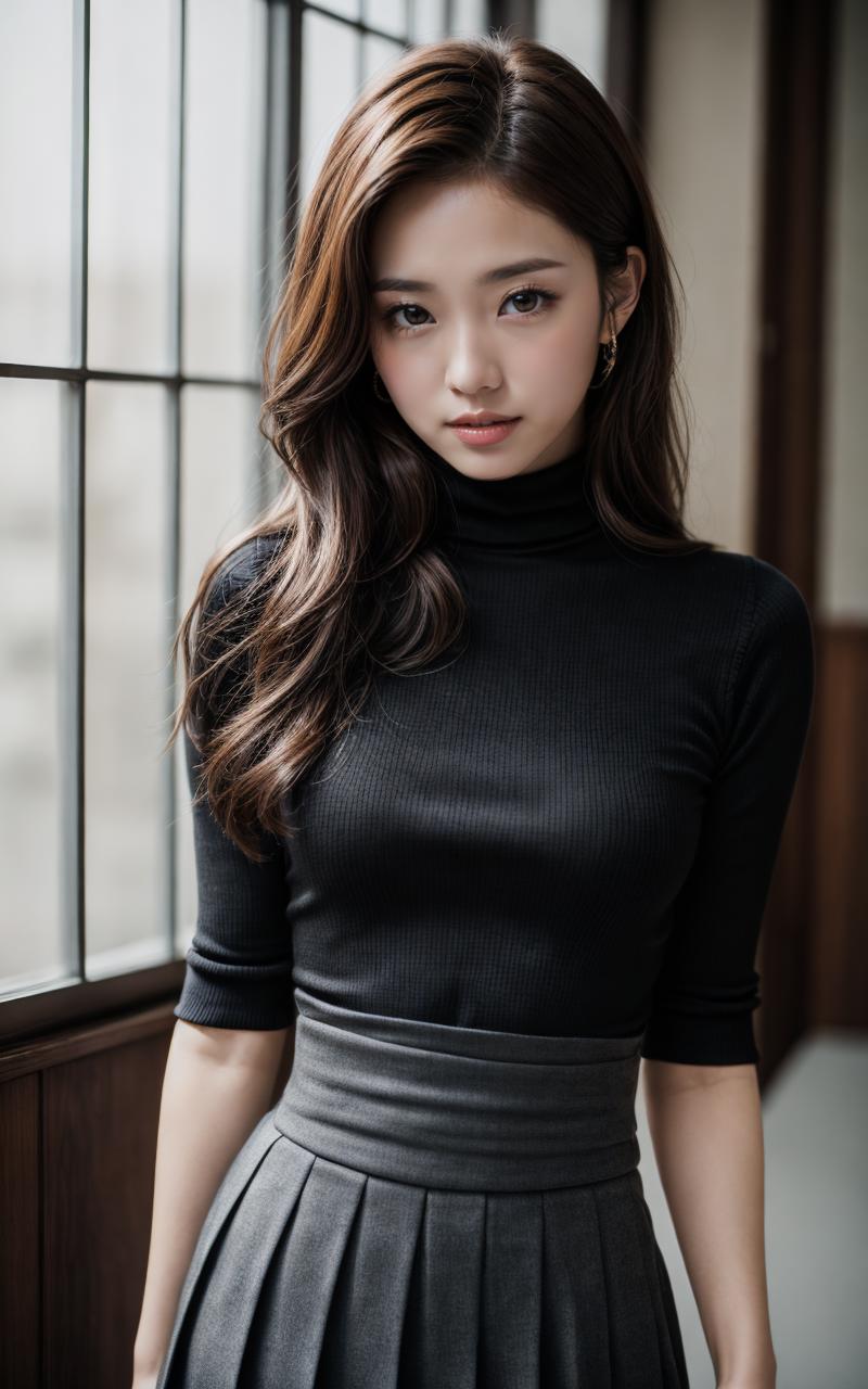 A woman in a black dress standing by a window - SeaArt AI