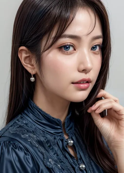 (best quality, masterpiece, intricate details:1.2),(looking at viewer:1.2),(profile:1.2),(portrait:1.2),(a japanese woman:0.6),28 years old,smirk,white_skin,(beautiful face:1.2),glamorous,(curvy:0.7),(muscular:0.9),(shiny skin:1.1),blue eyes,BREAK (dark blue china dress:1.4),piercing,BREAK luxurious space,<lora:AsianEyesEra:1>,sparkling eyes,