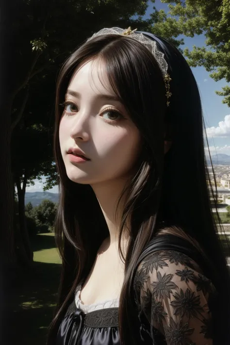 1girl, (baroque art designed by Carlo Dolci:0.8) and (Sardax:1.3) and (Ferdinand du Puigaudeau:1.1) and (Anselm Kiefer:1.0) , masterpiece Cinematic still, concept art, medium close-up shot of a Otherworldly [Flowing:Vulgar:19] ([Bigfoot|Leonardo da Vinci]:1.3) , Greek background, dense garden and grass, Sun in the sky, Very wide view, Overdetailed art, Relieving, Cutecore, specular lighting, L USM, Black neon hue, intricate, cinematic, Best quality, beautiful