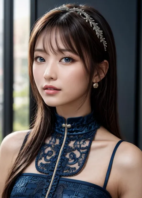 (best quality, masterpiece, intricate details:1.2),(looking at viewer:1.3),(profile:1.2),(portrait:1.2),(a japanese woman:0.6),28 years old,smirk,white_skin,(beautiful face:1.2),glamorous,(curvy:0.7),(muscular:0.9),(shiny skin:1.1),sparkling eyes,blue eyes,BREAK (dark blue china dress:1.4),piercing,BREAK luxurious space,<lora:AsianEyesEra:1>,