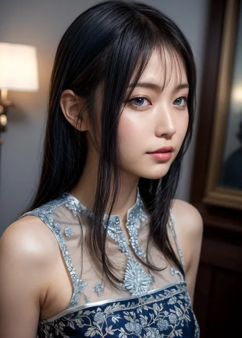 (best quality, masterpiece, intricate details:1.2),(looking at viewer:1.3),(profile:1.2),(portrait:1.2),(a japanese woman:0.6),28 years old,smirk,white_skin,(beautiful face:1.2),glamorous,(curvy:0.7),(muscular:0.9),(shiny skin:1.1),sparkling eyes,blue eyes,BREAK (dark blue china dress:1.4),piercing,BREAK luxurious space,<lora:AsianEyesEra:1>,