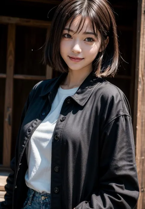 (8k,RAW photo,best quality,masterpiece:1.2),high detail RAW color photo, professional photograph, (realistic,photo realistic:1.37), ((best quality)), city,
upper body only,
1 japanese girl, smile, 
small chest, brown hair, ((bob hair)), black eyes, 
wearing a jacket, shirt, T-shirt, raincoat,