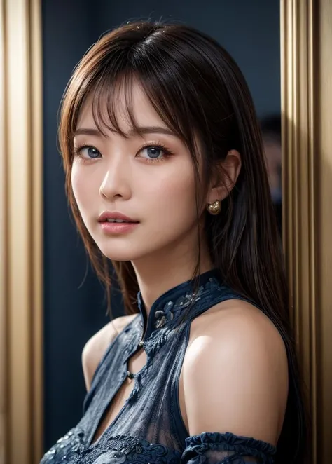 (best quality, masterpiece, intricate details:1.2),(looking at viewer:1.3),(profile:1.2),(portrait:1.2),(a japanese woman:0.6),28 years old,smirk,white_skin,(beautiful face:1.2),glamorous,(curvy:0.7),(muscular:0.9),(shiny skin:1.1),sparkling eyes,blue eyes,BREAK (dark blue china dress:1.4),piercing,BREAK luxurious space,<lora:AsianEyesEra:1>,