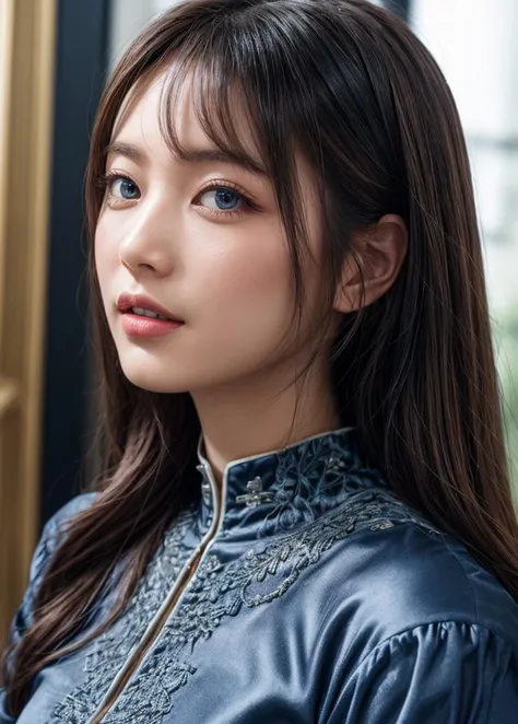 (best quality, masterpiece, intricate details:1.2),(looking at viewer:1.3),(profile:1.2),(portrait:1.2),(a japanese woman:0.6),28 years old,face,smirk,white_skin,(beautiful face:1.2),glamorous,(curvy:0.7),(muscular:0.9),half updo,(shiny skin:1.1),sparkling eyes,blue eyes,BREAK (dark blue china dress:1.4),piercing,BREAK luxurious space,<lora:AsianEyesEra:1>,
