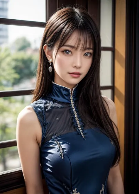 (best quality, masterpiece, intricate details:1.2),(looking at viewer:1.3),(profile:1.2),(portrait:1.2),(a japanese woman:0.6),28 years old,smirk,white_skin,(beautiful face:1.2),glamorous,(curvy:0.7),(muscular:0.9),(shiny skin:1.1),sparkling eyes,blue eyes,BREAK (dark blue china dress:1.4),piercing,BREAK luxurious space,<lora:AsianEyesEra:1>,