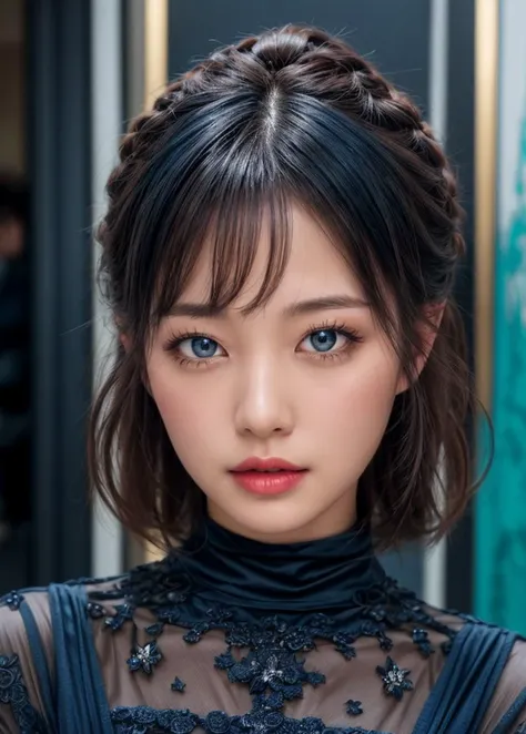 (best quality, masterpiece, intricate details:1.2),(looking at viewer:1.3),(profile:1.2),(portrait:1.2),(a japanese woman:0.6),28 years old,face,smirk,white_skin,(beautiful face:1.2),glamorous,(curvy:0.7),(muscular:0.9),half updo,(shiny skin:1.1),sparkling eyes,blue eyes,BREAK (dark blue dress:1.4),canonicals,piercing,BREAK luxurious space,<lora:AsianEyesEra:1>,