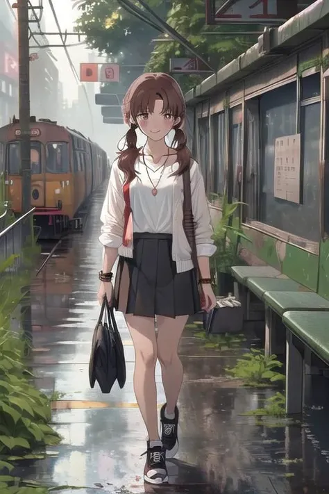 under rainy, 1woman,,mika_egashira, long hair, parted bangs, brown eyes, brown hair, asymmetric hair, hime cut, parted bangs, twintails, collarbone, wear rings and earrings, necklace, wrist watch, (white collard shirt), black skirt, black sneakers, bracelet, (foot ankle bracelet), medium breasts, rosy cheeks, rosy nose, evil smile, looking viewer, near, she is standing near rusted abandoned old subway train with many vegetation and weeds and red flowers and wall-climbing crawling plants and water in (dystopian city), tree canopy, sunlit, (weak lights and shadows), twilights, , (water flood), (under rainy), heavy rain, (twilights), rains