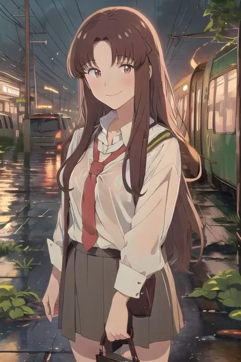 under rainy, 1woman,,mika_egashira, long hair, parted bangs, brown eyes, brown hair, asymmetric hair, hime cut, (white collard shirt), black skirt, medium breasts, evil smile, looking viewer, near, she is standing near rusted abandoned old subway train with many vegetation and weeds and red flowers and wall-climbing crawling plants and water in (dystopian city), tree canopy, sunlit, (weak lights and shadows), twilights, , (water flood), (under rainy), heavy rain, (twilights), rains