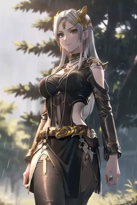 masterpiece, (best quality), 1woman,1girl ,beautiful woman, beautiful face, cowboy shot, vibrant colors ,natural lighting ,RTX, perfect proportions, beautiful, detailed face, showcase, (perfect eyes:1.1) ,(photorealistic:1.1), 8k uhd, looking a viewer, outdoors, simple background, close up, heavenly demon, 1girl, solo, white long hair, expressionless, black eyes, cowboy shot, (long hair, parted bangs, brown eyes, white hair, asymmetric hair, hime cut, belly belt, wear rings and earrings, necklace, abdominal belt, bracelet, foot ankle bracelet, rosy cheeks, rosy nose), , (black see-through leggings), (blue see-through dress), dark blue see-through dress, evil smile, beautiful medium breasts, sunlit, weak lights and shadows, tree canopy, (under heavy rain), wettings