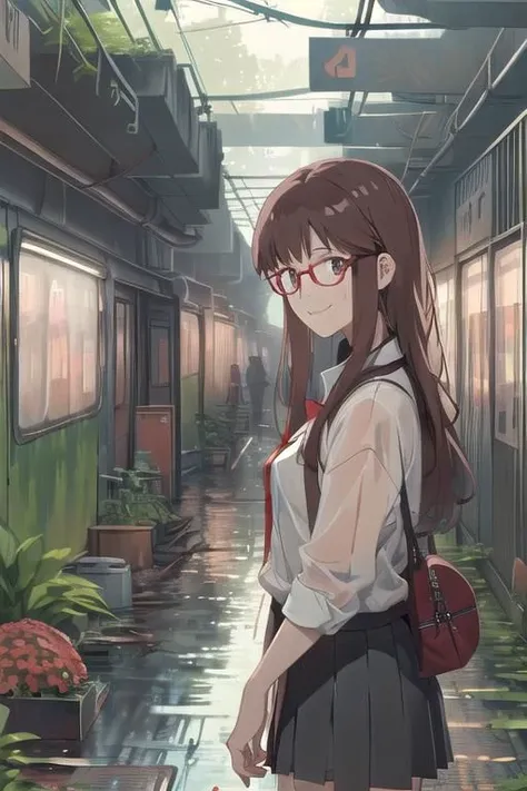 under rainy, 1woman,,mika_egashira, long hair, parted bangs, brown eyes, brown hair, asymmetric hair, hime cut, (white collard shirt), black skirt, medium breasts, glasses, evil smile, looking viewer, near, she is standing near rusted abandoned old subway train with many vegetation and weeds and red flowers and wall-climbing crawling plants and water in (dystopian city), tree canopy, sunlit, (weak lights and shadows), twilights, , (water flood), (under rainy), heavy rain, (twilights), rains