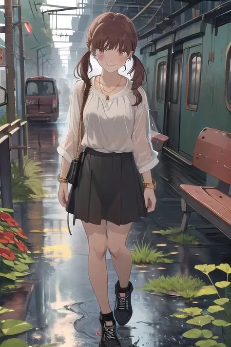 under rainy, 1woman,,mika_egashira, long hair, parted bangs, brown eyes, brown hair, asymmetric hair, hime cut, parted bangs, twintails, collarbone, wear rings and earrings, necklace, wrist watch, (white collard shirt), black skirt, black sneakers, bracelet, (gold anklet), medium breasts, rosy cheeks, rosy nose, evil smile, looking viewer, near, she is standing near rusted abandoned old subway train with many vegetation and weeds and red flowers and wall-climbing crawling plants and water in (dystopian city), tree canopy, sunlit, (weak lights and shadows), twilights, , (water flood), (under rainy), heavy rain, (twilights), rains