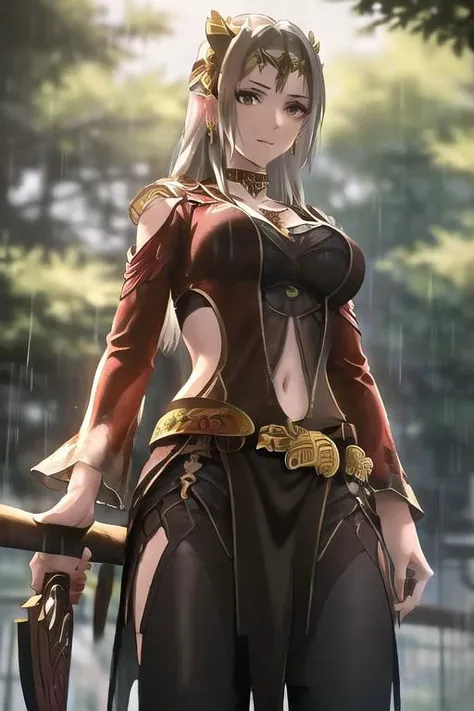 masterpiece, (best quality), 1woman,1girl ,beautiful woman, beautiful face, cowboy shot, vibrant colors ,natural lighting ,RTX, perfect proportions, beautiful, detailed face, showcase, (perfect eyes:1.1) ,(photorealistic:1.1), 8k uhd, looking a viewer, outdoors, simple background, close up, heavenly demon, 1girl, solo, white long hair, expressionless, black eyes, cowboy shot, (long hair, parted bangs, brown eyes, white hair, asymmetric hair, hime cut, belly belt, wear rings and earrings, necklace, abdominal belt, bracelet, foot ankle bracelet, rosy cheeks, rosy nose), , (black see-through leggings), (blue see-through dress), dark blue see-through dress, evil smile, beautiful medium breasts, sunlit, weak lights and shadows, tree canopy, (under heavy rain), wettings