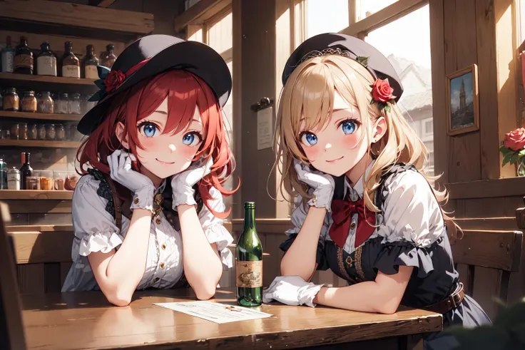 (masterpiece:1.3), (absurdres:1.3), (best quality:1.3), (ultra-detailed:1.3), 2girls, ayase eli, blonde hair, blue eyes, book, bottle, bow, cup, flower, gloves, hair flower, hat, head rest, long hair, multiple girls, nishikino maki, red hair, rose, smile, white gloves, background tavern, medieval tavern, crowd, drinking, adventurer, guild background, fantasy,