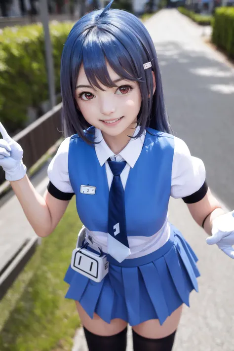 masterpiece, best quality, highres, 1girl 22 ahoge hair ornament, blue necktie white shirt white gloves blue skirt black thighhighs <lora:22:1> standing, smile, (photorealistic:1.0) blue hair