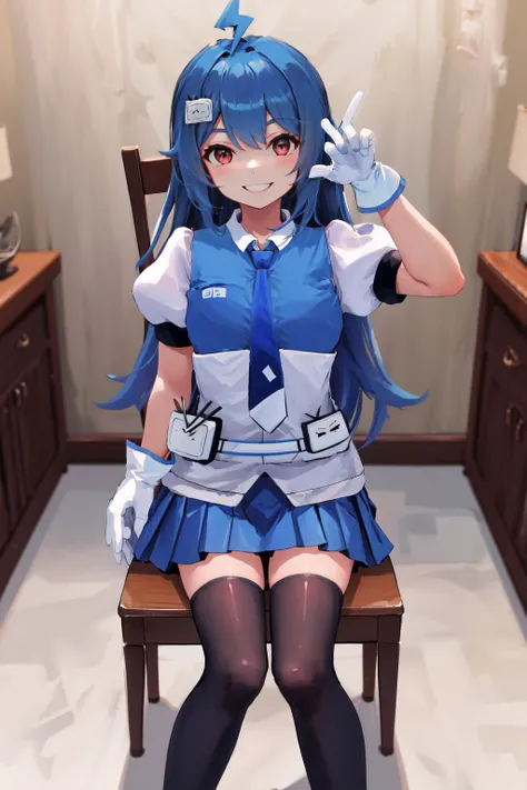 masterpiece, best quality, highres, 1girl 22 ahoge hair ornament, blue necktie white shirt white gloves blue skirt black thighhighs <lora:22:1> smile, sitting on chair