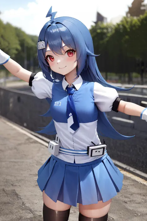 masterpiece, best quality, highres, 1girl 22 ahoge hair ornament, blue necktie white shirt white gloves blue skirt black thighhighs <lora:22:1> standing, smile
