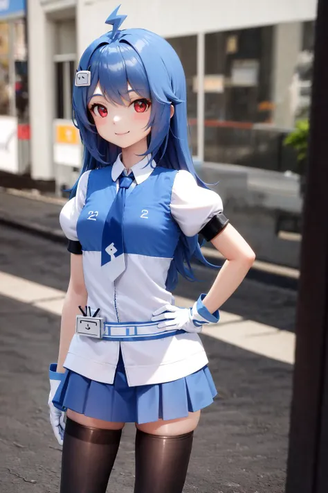 masterpiece, best quality, highres, 1girl 22 ahoge hair ornament, blue necktie white shirt white gloves blue skirt black thighhighs <lora:22:1> standing, smile, hand on hip