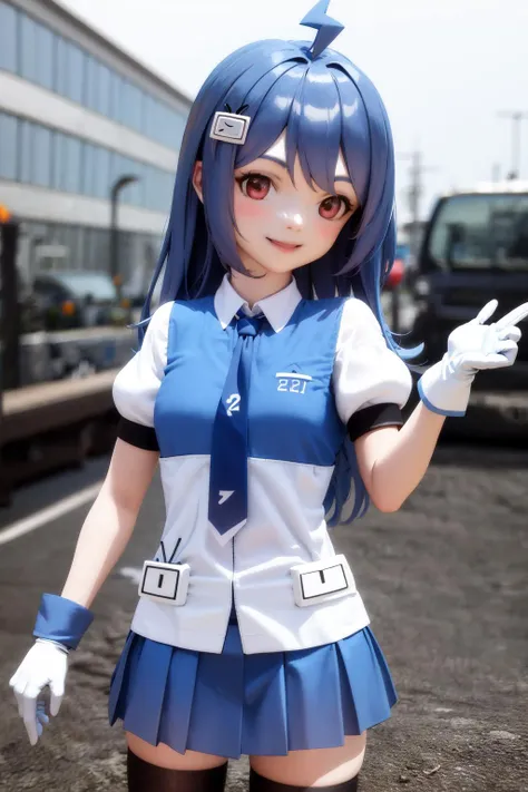 masterpiece, best quality, highres, 1girl 22 ahoge hair ornament, blue necktie white shirt white gloves blue skirt black thighhighs <lora:22:1> standing, smile, (photorealistic:1.0)