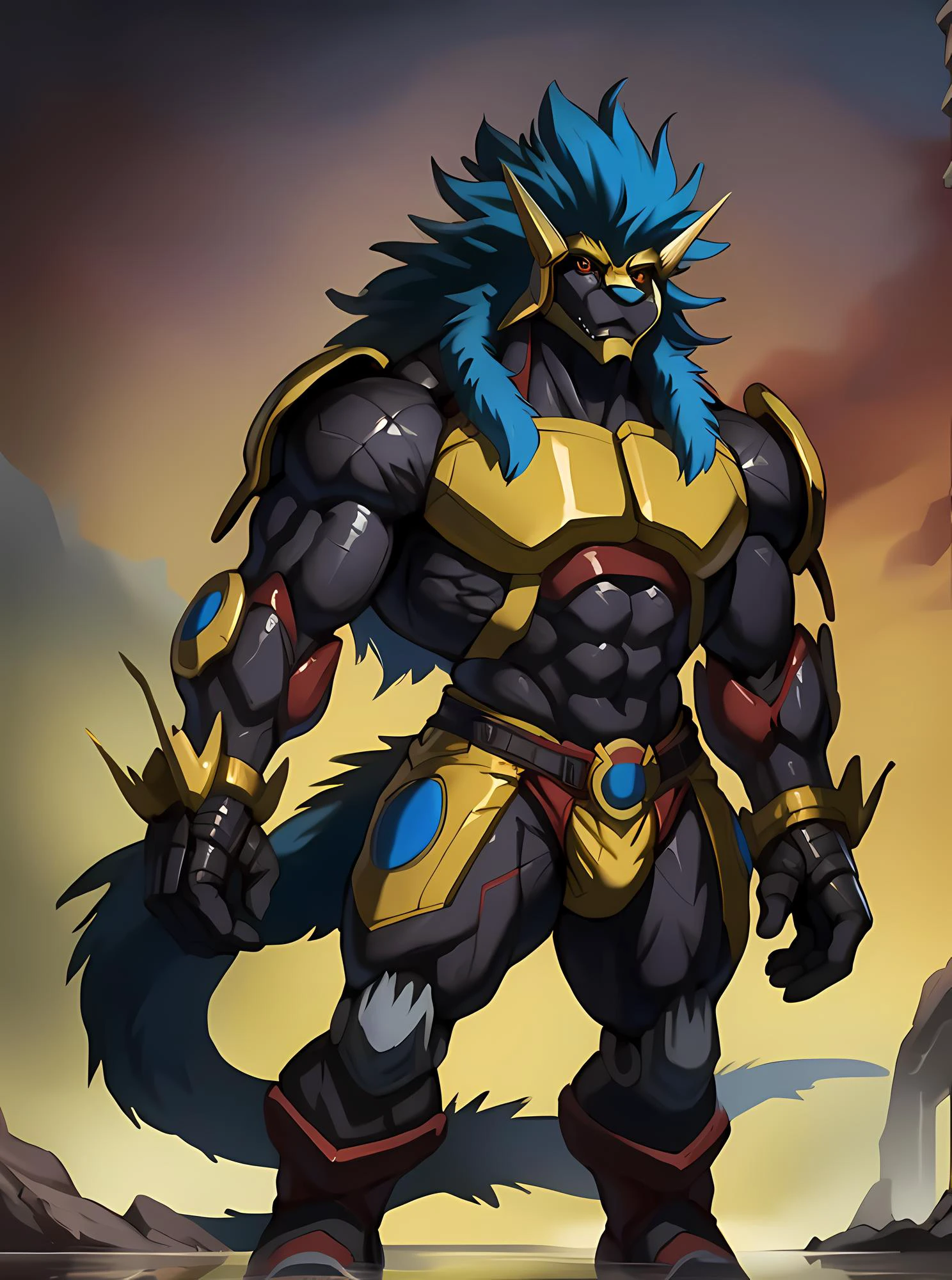 masterpiece, ultra detailed, solo focus, male, apollomon whispered, black lion, digimon, gold armor, yellow eyes, glowing yellow eyes, full body, official art, muscular, absurdly high detail, detailed eyes, robot, mecha, long blue mane, long blue hair, (perfect proportions:1.1), (Delicate face:1), (Delicate eyes:1), (handsome!), make a picture of apollomon whispered, (art by Midjourney, Chunie, narse, jiandou, yupa, rakisha, kiyosan, darkgem, null-ghost, jiandou, XUAN_SIRIUS, Spelunker_Sal, meesh, FrAnubis, drks, jrjresq, bastroceive, ReptileCynrik, Saltypoundcake, tojo the thief, narse, honovy, Izrez, twinkle-sez, Adios, OrcFun), <lora:ApollomonWhispered:0.85> <lora:kEighties:0.8> Eighties
