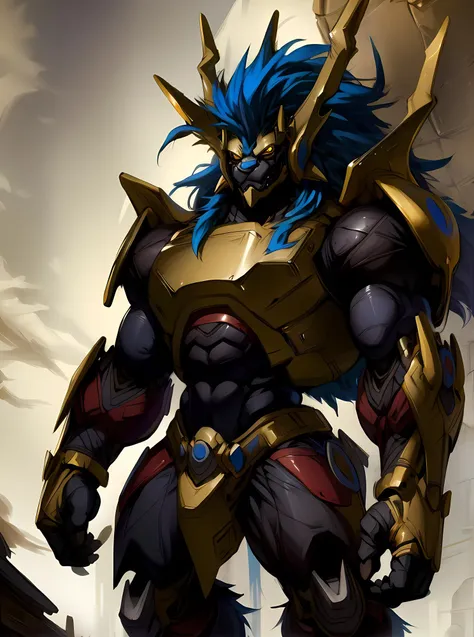 masterpiece, ultra detailed, solo focus, male, apollomon whispered, black lion, digimon, gold armor, yellow eyes, glowing yellow eyes, full body, official art, muscular, absurdly high detail, detailed eyes, robot, mecha, long blue mane, long blue hair, (perfect proportions:1.1), (Delicate face:1), (Delicate eyes:1), (handsome!), make a picture of apollomon whispered, (art by Midjourney, Chunie, narse, jiandou, yupa, rakisha, kiyosan, darkgem, null-ghost, jiandou, XUAN_SIRIUS, Spelunker_Sal, meesh, FrAnubis, drks, jrjresq, bastroceive, ReptileCynrik, Saltypoundcake, tojo the thief, narse, honovy, Izrez, twinkle-sez, Adios, OrcFun), <lora:ApollomonWhispered:0.85> <lora:AstralMecha:0.8>