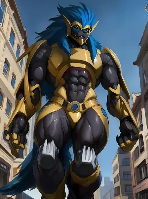 masterpiece, ultra detailed, multicolored eyes, celestial being, solo focus, male, apollomon whispered, black lion, digimon, gold armor, yellow eyes, full body, official art, video games, muscular, detailed eyes, robot, mecha, long blue mane, long blue hair, (perfect proportions:1.1), (Delicate face:1), (Delicate eyes:1), apollomon whispered is gigantic and walking through a city with super tall skyscrapers, cinematic extreme low angle shot, (art by Chunie, narse, jiandou, yupa, rakisha, kiyosan, darkgem, null-ghost, jiandou, XUAN_SIRIUS, Spelunker_Sal, meesh, FrAnubis, drks, jrjresq, bastroceive, ReptileCynrik, Saltypoundcake, tojo the thief, narse, honovy, Izrez, twinkle-sez, Adios, OrcFun), <lora:ApollomonWhispered:0.85>