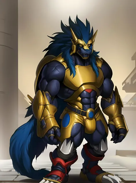 masterpiece, ultra detailed, solo focus, male, apollomon whispered, black lion, digimon, gold armor, yellow eyes, glowing yellow eyes, full body, official art, muscular, absurdly high detail, detailed eyes, robot, mecha, long blue mane, long blue hair, (perfect proportions:1.1), (Delicate face:1), (Delicate eyes:1), (handsome!), make a picture of apollomon whispered, (art by Midjourney, Chunie, narse, jiandou, yupa, rakisha, kiyosan, darkgem, null-ghost, jiandou, XUAN_SIRIUS, Spelunker_Sal, meesh, FrAnubis, drks, jrjresq, bastroceive, ReptileCynrik, Saltypoundcake, tojo the thief, narse, honovy, Izrez, twinkle-sez, Adios, OrcFun), <lora:ApollomonWhispered:0.85> <lora:digimon3:0.85> digimon \(creature\)
