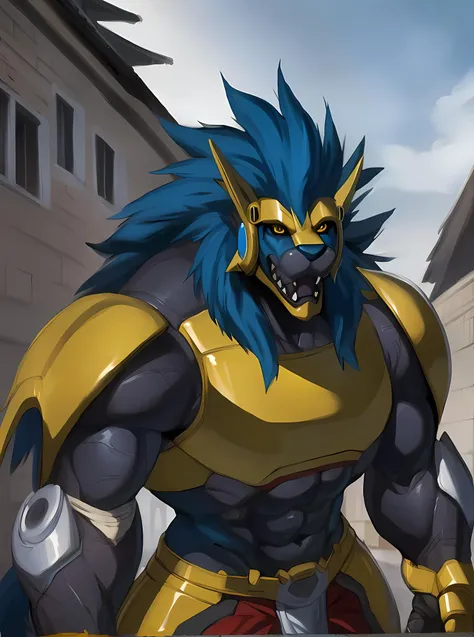 masterpiece, ultra detailed, multicolored eyes, celestial being, solo focus, male, apollomon whispered, black lion, digimon, gold armor, yellow eyes, full body, official art, video games, muscular, detailed eyes, robot, mecha, long blue mane, long blue hair, (perfect proportions:1.1), (Delicate face:1), (Delicate eyes:1), (POV) apollomon whispered standing over you with a triumphant wicked smile, (art by Chunie, narse, jiandou, yupa, rakisha, kiyosan, darkgem, null-ghost, jiandou, XUAN_SIRIUS, Spelunker_Sal, meesh, FrAnubis, drks, jrjresq, bastroceive, ReptileCynrik, Saltypoundcake, tojo the thief, narse, honovy, Izrez, twinkle-sez, Adios, OrcFun), <lora:ApollomonWhispered:0.85>